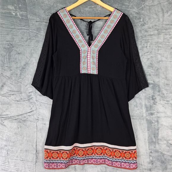 Womens Dress Medium Boho Hippie Retro Peasant Crochet Gauze Festival Embroidered - Picture 1 of 7